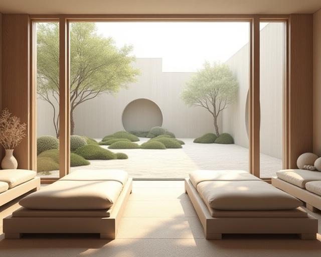 Lettini ergonomici in una stanza relax con vista su un giardino zen.
