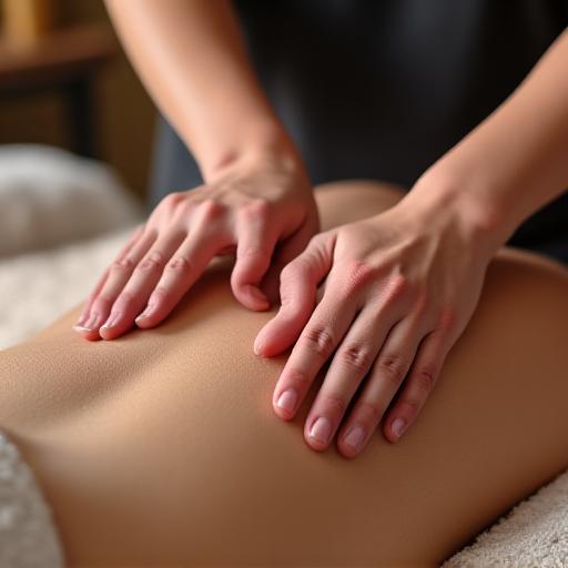 Mani di un terapista durante un massaggio alla schiena con olio caldo.