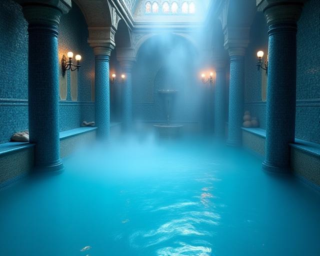 Interno di un bagno turco con mosaici blu e vapore.