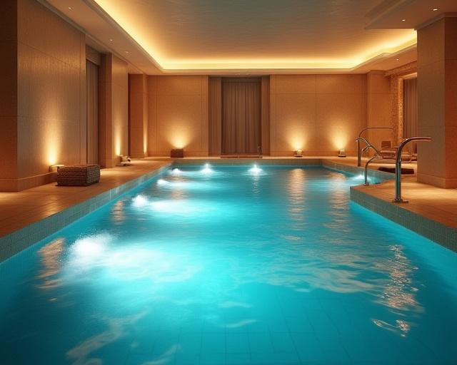 Piscina interna con cascate d'acqua e luci soffuse.