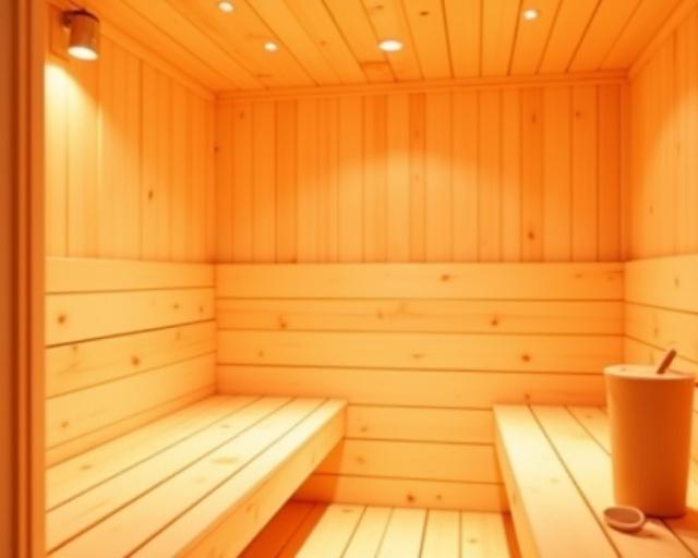 Interno di una sauna finlandese tradizionale in legno chiaro.